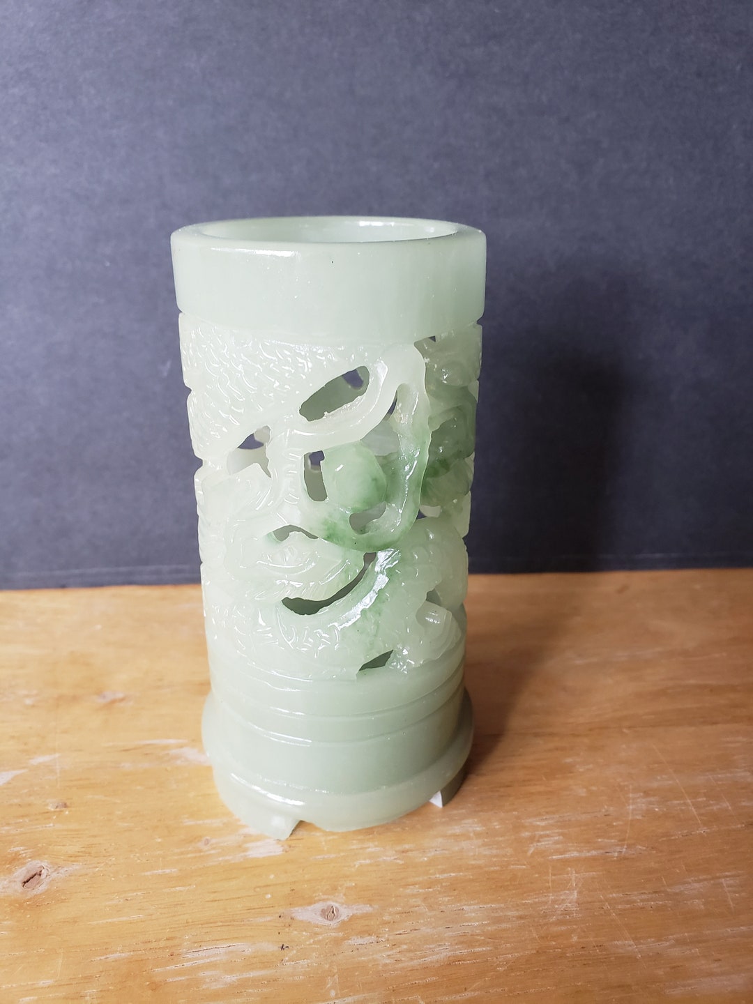 Chinese Carved Imitation Jade Jadeite Candle Holder, Carved Dragon Faux ...