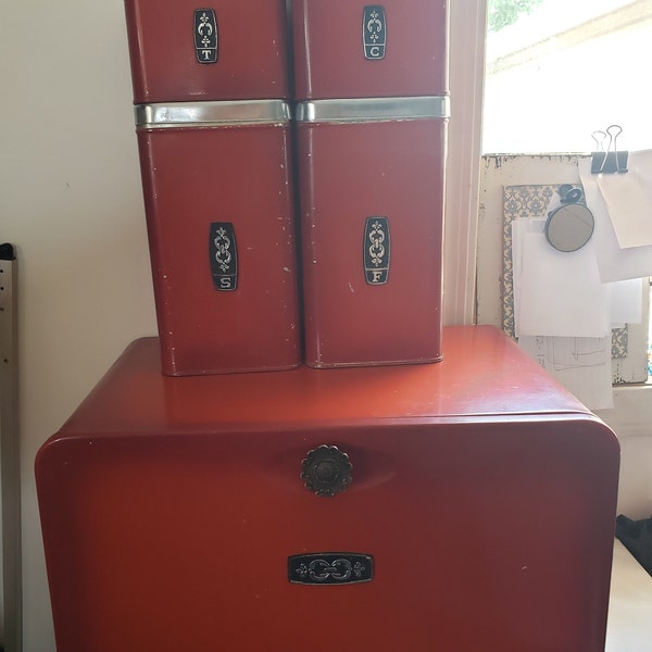 Retro Red & Black Tin Canister Set of 4 Stacking Canisters and Bread Box, As Shown
