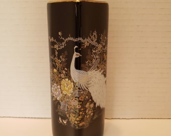 Japanese SHIBATA Black Porcelain Heart Tall Vase,  Oriental Heart Bud Vase w/ Peacock Floral Design