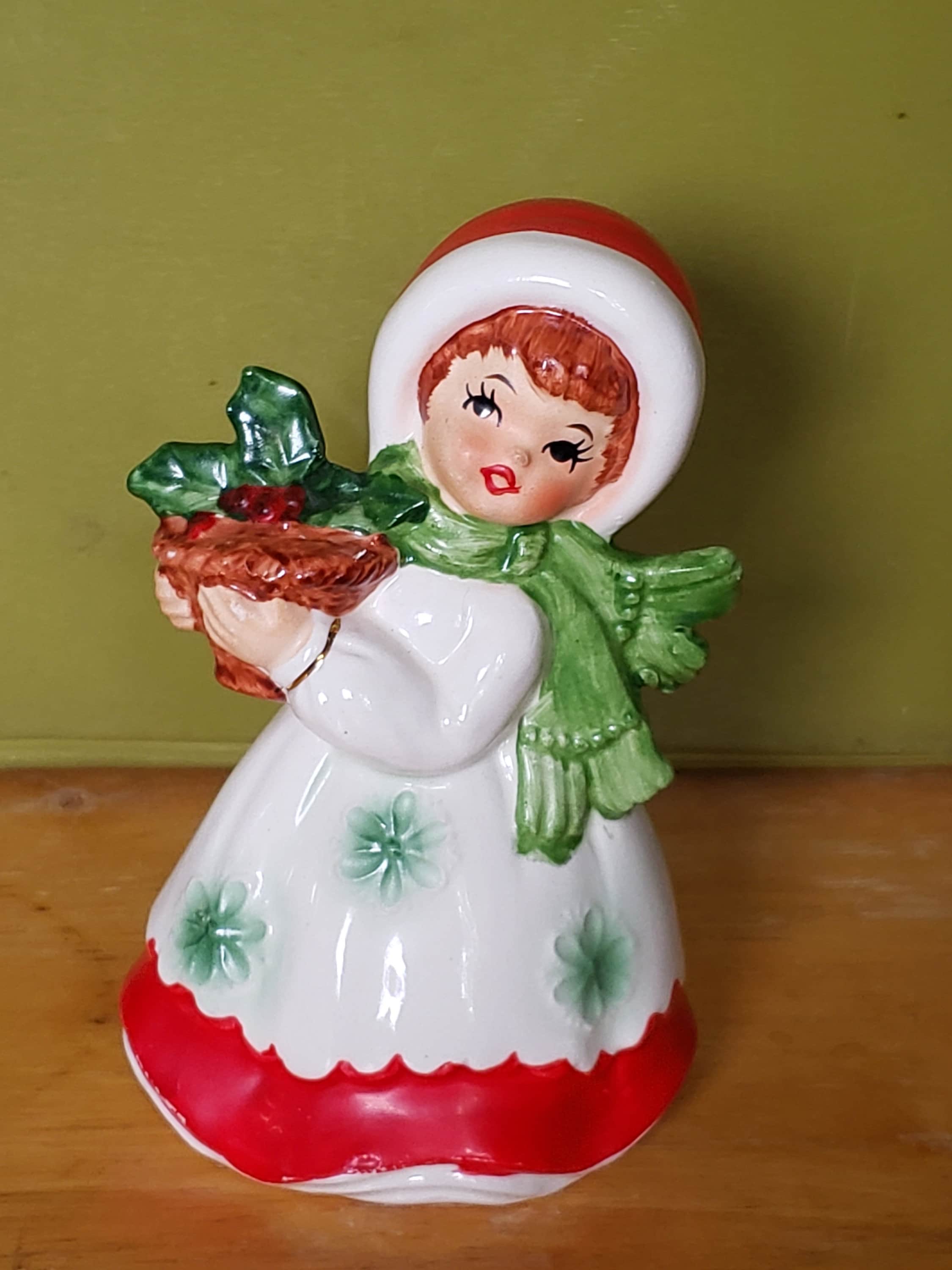Lefton Christmas Ceramic Shopper Girl Planter Figurine, Girl
