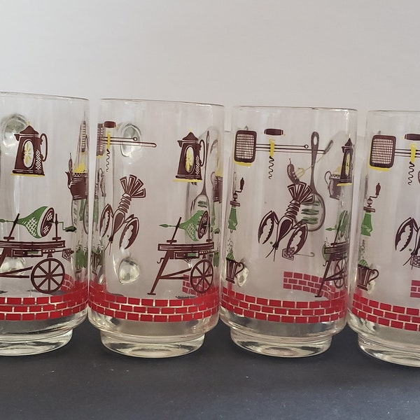 Set of 6 ~ 1950's Hazel Atlas Americana Kitchen Cookout BBQ Mug Glasses, Retro Kitschy Graphics Vintage Bar Kitchen Glasses