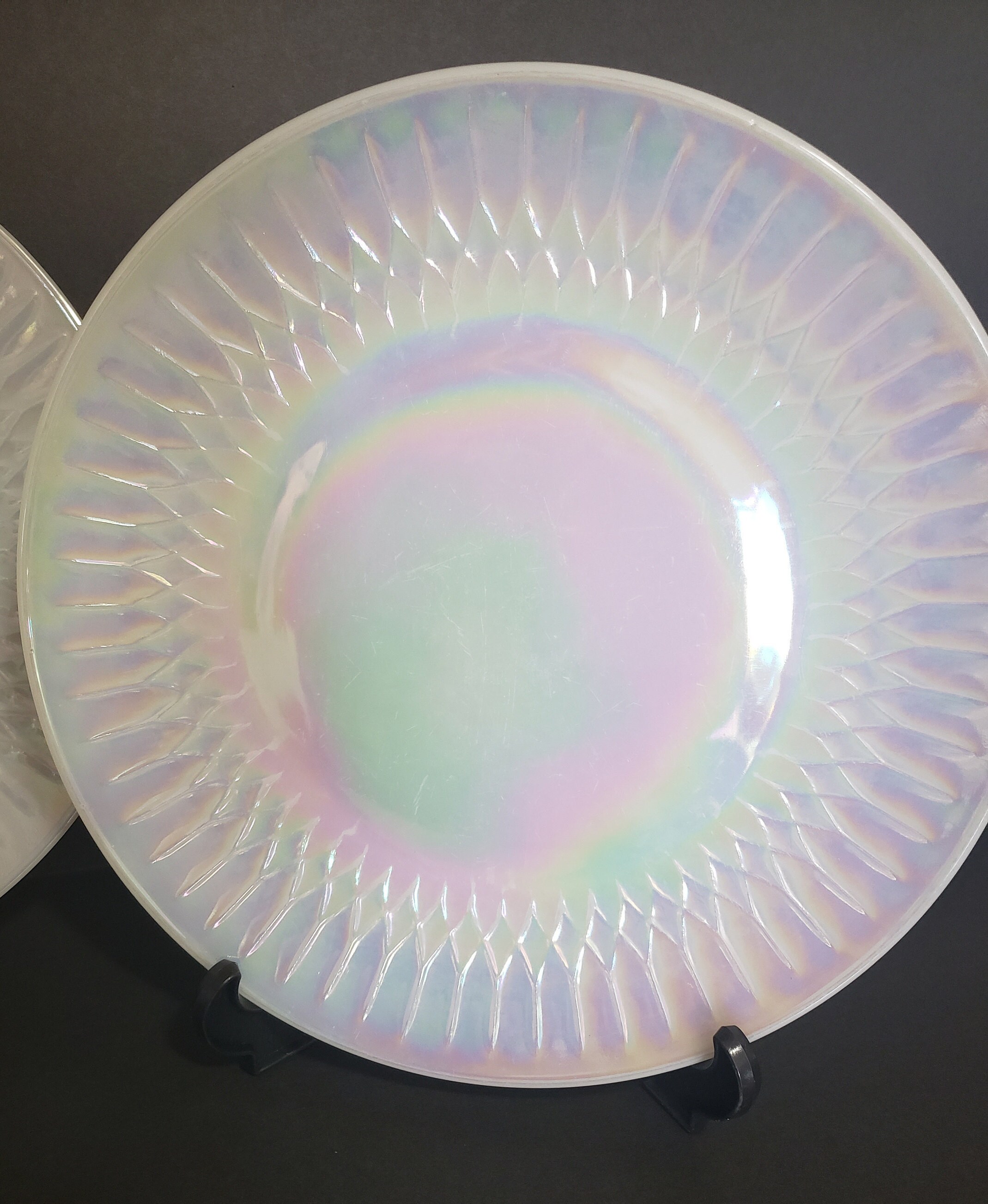 Federal White Iridescent Carnival Glass Dinner Plates Heat Etsy
