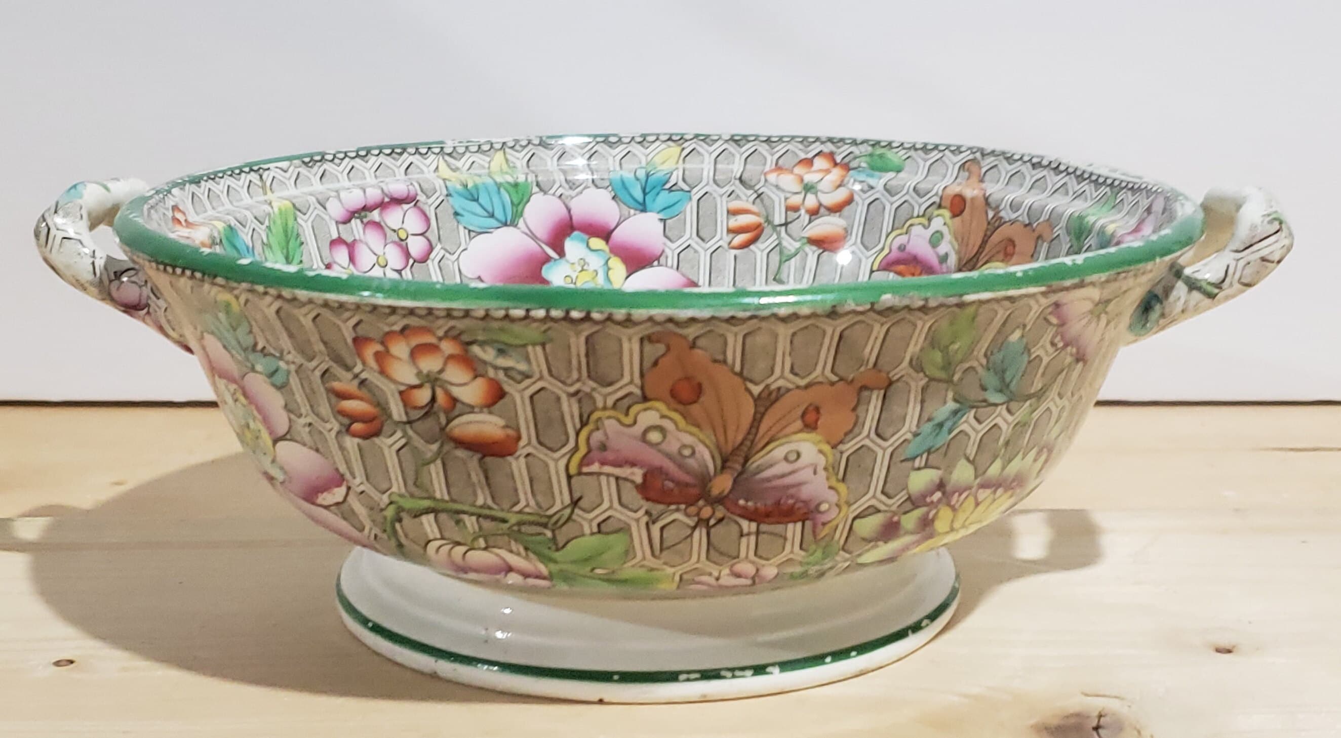 Antique Ironstone Pottery Green Oriental Chintz Butterfly Handled Bowl, N Scroll Pattern Backstamp