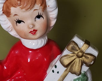 Lefton Christmas Ceramic Shopper Girl Planter Figurine, Poinsettia