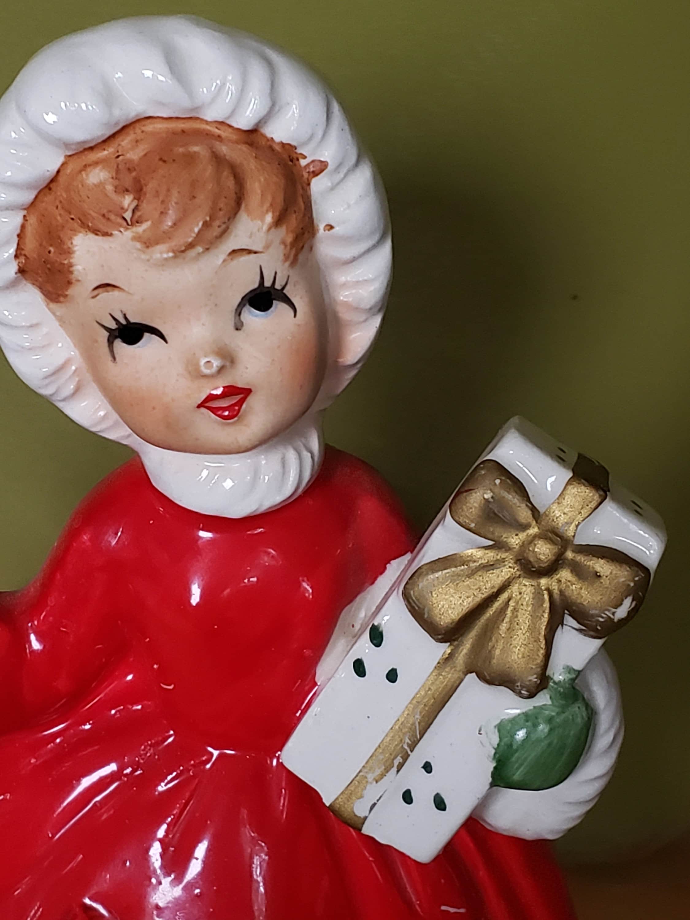 Lefton Christmas Ceramic Shopper Girl Planter Figurine, Poinsettia