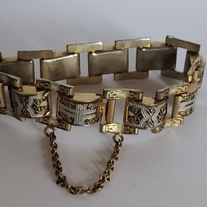 Bracelet Toledo vintage damasquiné ton or avec chaîne de sécurité