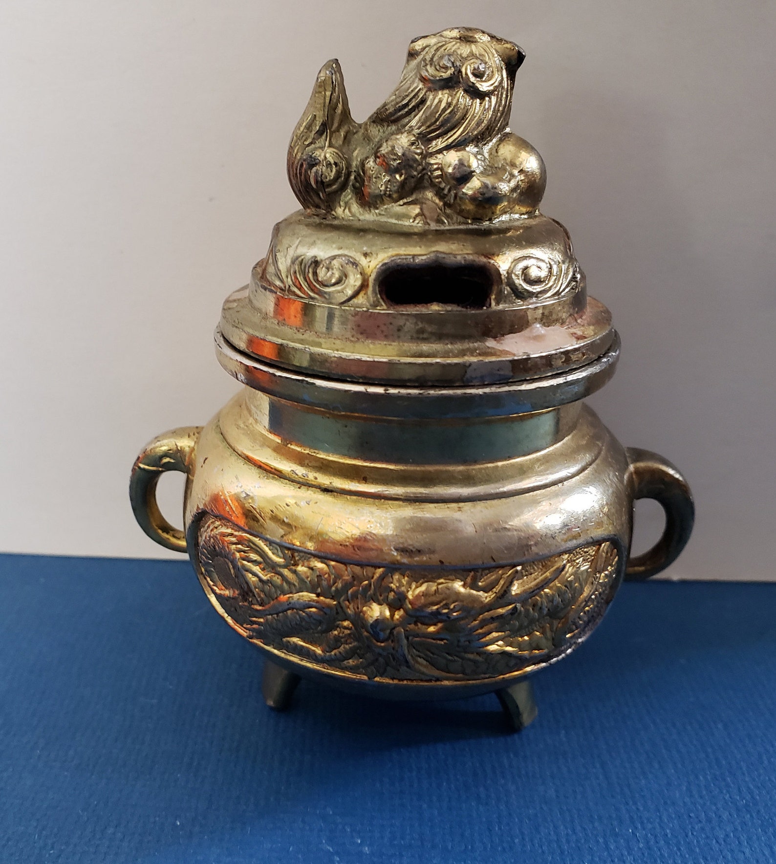 Foo Dog Incense Burner Censer Antique Brass Metal Footed Etsy