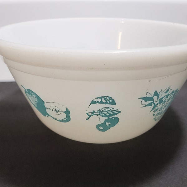 FEDERAL Fruit Fare Turquoise Aqua Mixing Bowl, Milk Glass Bowl, Oven Ware Mixing Bowl