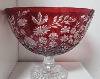 Exquisite HUGE ~ Ajka Red Cut to Clear Bohemian Crystal Bowl,  Centerpiece Bowl, Pedestal Crystal Bowl, Floral Red Clear Cut Glass Bowl