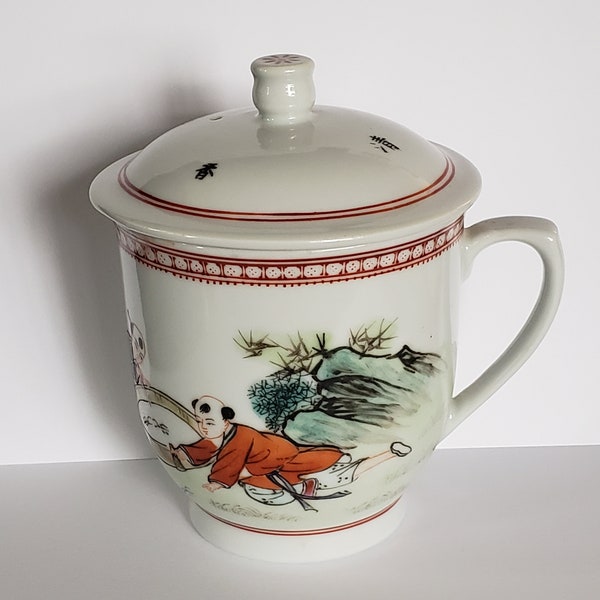 Chinese Porcelain Lidded Tea Cup Mug,  Hand Painted Children Playing