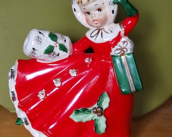 RELPO Christmas Ceramic Shopper Girl Planter Figurine, Christmas Girl Figurine with Present, Relpo A-1484