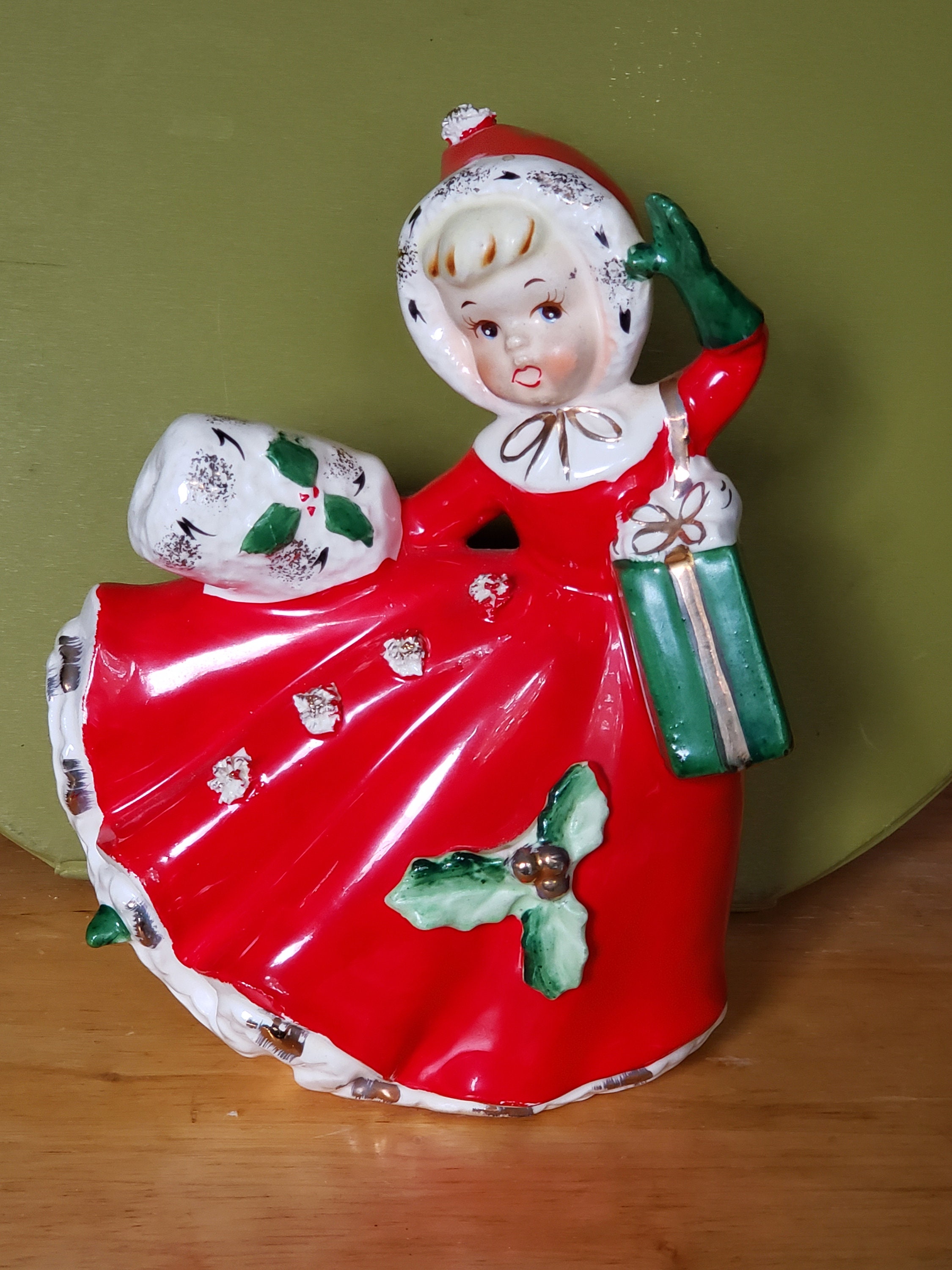 RELPO Christmas Ceramic Shopper Girl Planter Figurine, Christmas RELPO Christmas Ceramic Shopper Girl Planter Figurine, Christmas