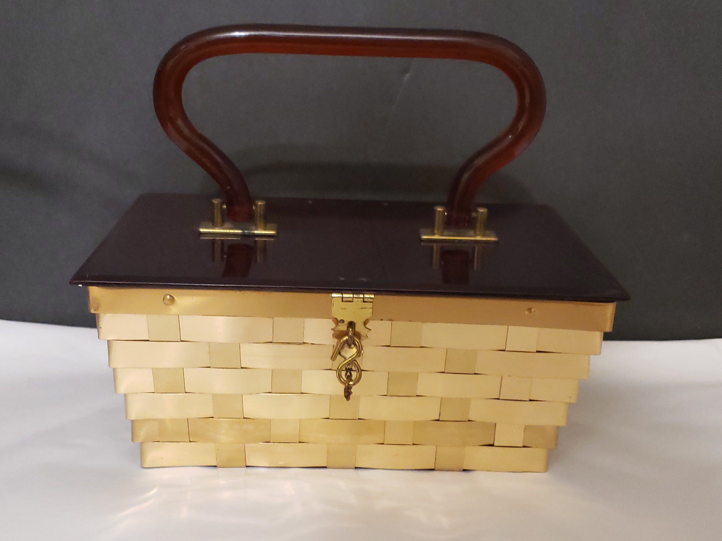 【未使用・箱付】本場 銚子ちぢみ 反物 無形文化財 昭和レトロ 1950s Dorset & Rex Fifth Ave Oblong Box Purse, Mahogany Lucite Lid