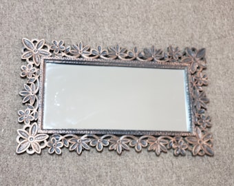 1970's CopperCraft Floral Daisy Rectangular Mirror / Vintage Wall Mirror