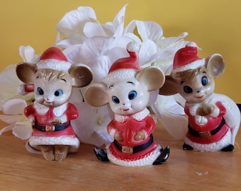 Set of 3 Ceramic Santa Claus Mice Christmas Decorations, Merry Santa Claus Mouse, Mouse with Santa Bag, Big Ear Mouse