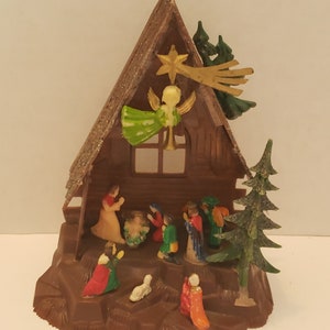 Antique Plastic Nativity Scene Christmas Ornament, Box has COOL Graphics