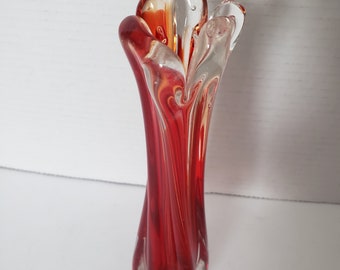 Tall Red Clear Three Finger Art Glass Bud Vase, Round Base,  Mother's Day Gift, Gift for Her