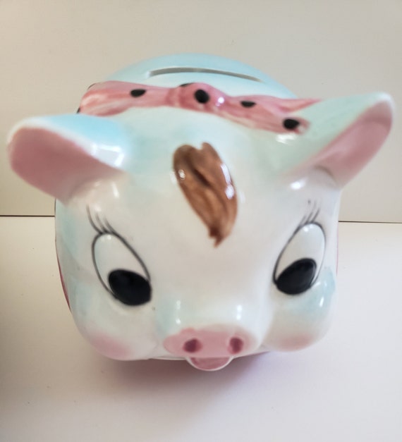 Vintage Whimsical Ceramic Piggy Bank Japan Blue Pink Polka Dot