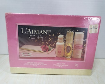 UNOPENED Vintage Coty L'Aimant Gift Set, Body Lotion, Spray Mist Cologne, Talc
