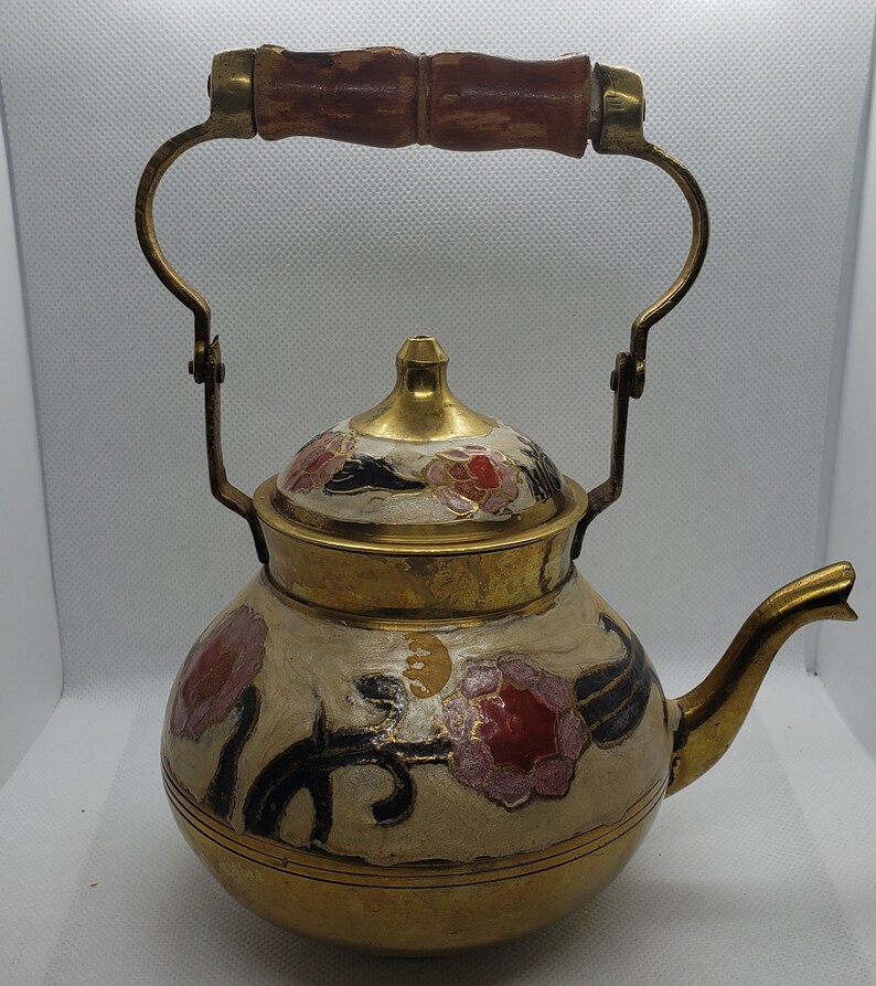 Small Vintage Brass Teapot / Enameled Floral Cloisonne / Made Etsy