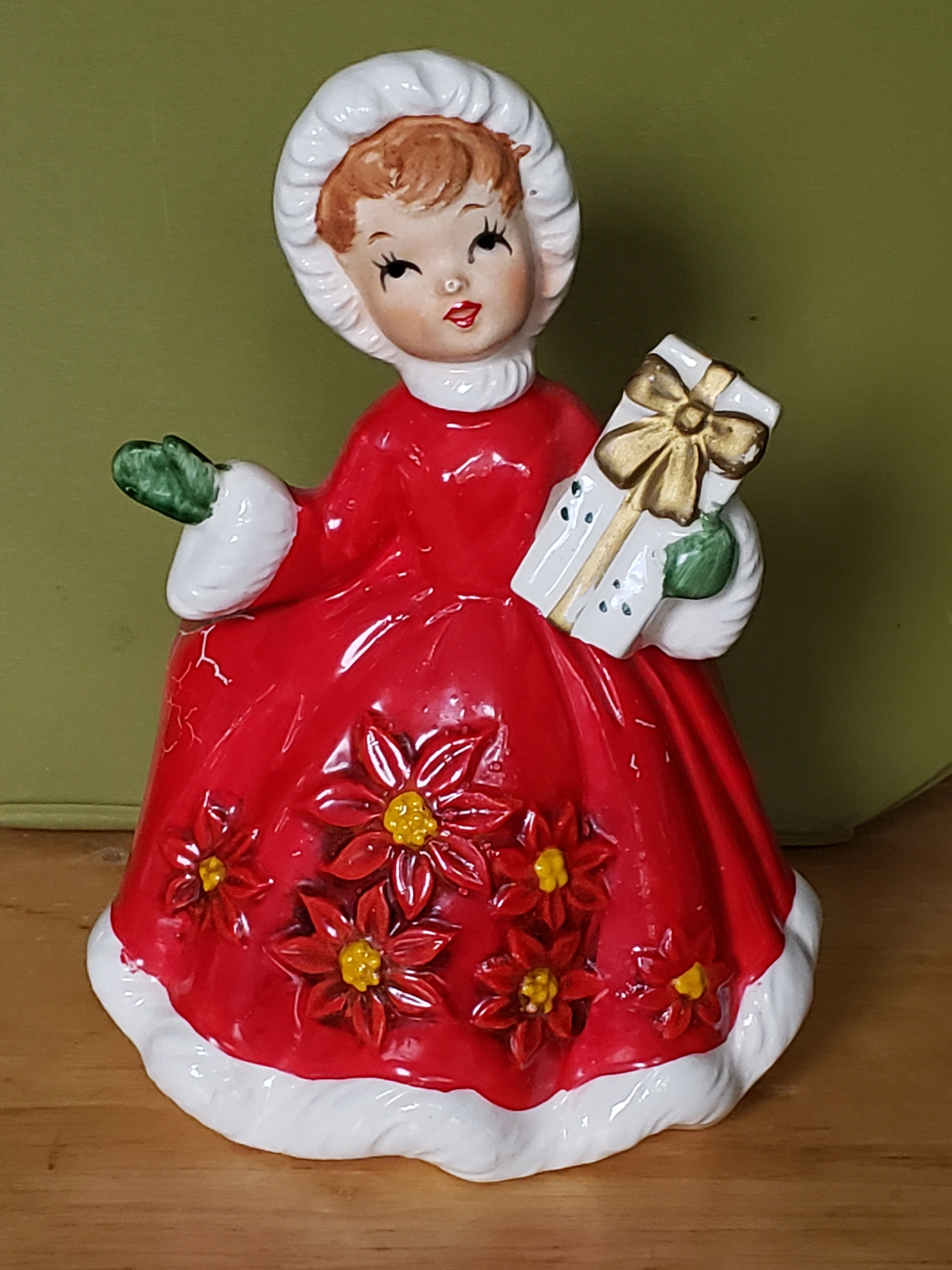 Lefton Christmas Ceramic Shopper Girl Planter Figurine, Poinsettia