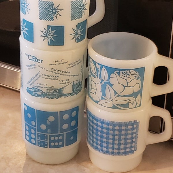 U PICK ~ Blue FIRE KING Milk Glass Coffee Mug, Vintage Stacking Collector Mug, Assorted Patterns Available