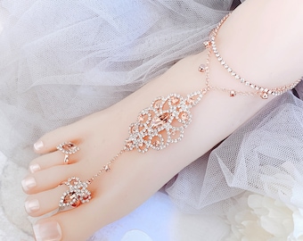 Rose Gold Barefoot Sandals for Wedding, Double Layered Champagne Rhinestone Foot Jewelry, Footless Beach Barefoot Sandals, Bridal Barefoot