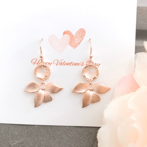 Peach Champagne Flower Earrings: Rose Gold Bridal Jewelry