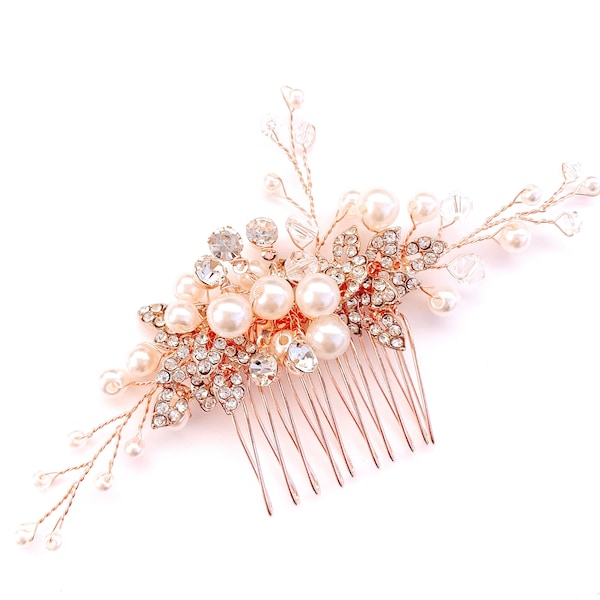 Wedding Hair Comb, Pearl Wedding Headpiece, Crystal Pearl Bridal Comb, Rose Gold Bridal Headpiece, Rose Gold Pearl Bridal Hair Comb