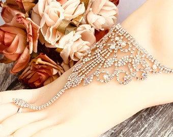 Rose Gold Barefoot Sandals for Wedding, Rhinestone Foot Jewelry, Hand Chain Bracelet, Bridal Barefoot, Bridesmaids Gift