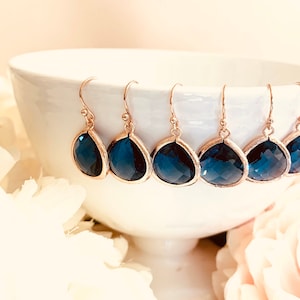 Sapphire CZ Rose Gold Earrings: Navy Blue Wedding Jewelry