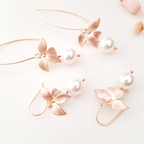 Rose Gold Pearl Earrings, Flower Silver Gold Pearl Earrings, Orchid earrings, Bridesmaid Gift Wedding gift Personalized gift for mom jewelry