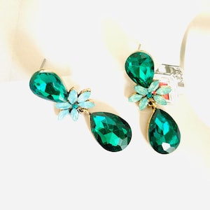 Emerald Dangle Earrings: Bridal Gold Flower Marquise Cluster