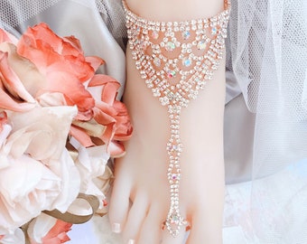 Rose Gold Barefoot Sandals for Wedding, AB Rhinestone Foot Jewelry, Footless Sandal, Beach Barefoot Sandals, Bridal Barefoot