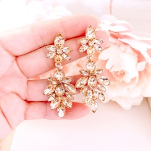 Champagne Crystal Cluster Earrings: Rose Gold Bridal Party Jewelry