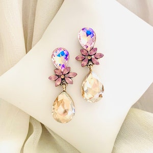 Champagne Crystal Marquise Cluster Earrings: Peach Rose Gold Bridal Jewelry