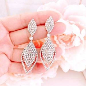 Crystal Rhinestone Rose Gold Earrings: Vintage Bridal Party Jewelry