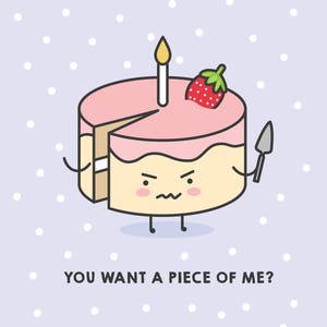 Sie wollen ein Stück von mir? Karikatur von einem niedlichen wütend Kuchen. ClipArt