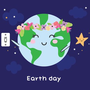 Może przedstawiać: Kreskówkowa ilustracja Ziemi w koronie z kwiatów, która się uśmiecha. Ziemia jest otoczona gwiazdami i chmurami. Pod Ziemią widnieje napis "Earth day". W lewym górnym rogu obrazu znajduje się wyłącznik światła.