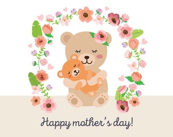 Happy mothers day - mama bear illustration with flowers - cute vector art