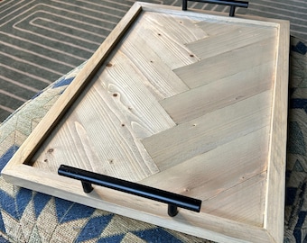 Plateau de service avec poignées - Bois de récupération - Motif à chevrons