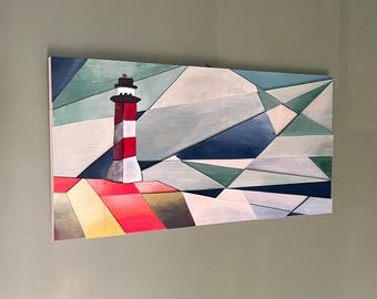 Art de phare en mosaïque de bois - Fait main, peint à la main