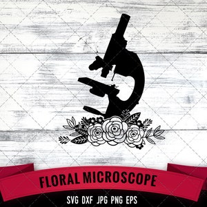 Puede incluir: Silueta negra de un microscopio con adornos florales. El texto "Floral Microscope" está debajo de la imagen. El texto "SVG DXF JPG PNG EPS" está debajo del texto "Floral Microscope". El texto "the Silhouette Queen" está en la esquina inferior derecha de la imagen.