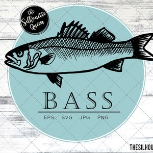 Bass Fish, SVG Design Files, Hand drawn Fishing Vector Clipart, Cricut, Silhouette Cameo, PNG, EPS,