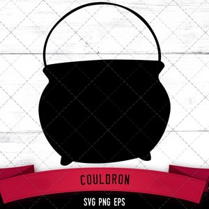 May include: Black silhouette of a cauldron with a handle against a white woodgrain background. The text "COULDRON" is below the image in red with the text "SVG PNG EPS" below that in black.