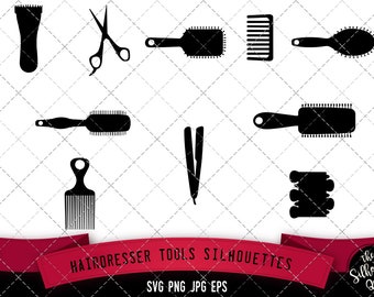 Hairdresser Tools Silhouette, SVG,  cricut Clipart,  Vector, eps, cut file, png, ai, salon, scissors, hair brush, comb, flat iron - Vol 1