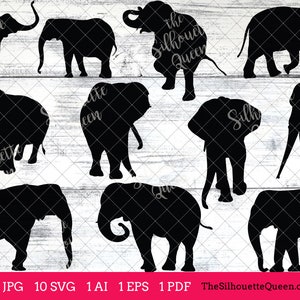 Puede incluir: Diez imágenes en silueta negra de elefantes en varias poses. Los elefantes están mirando en diferentes direcciones y tienen sus trompas levantadas o bajadas. Las imágenes están sobre un fondo de madera blanca.