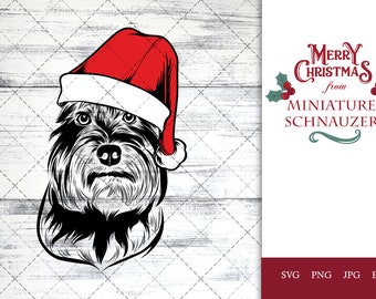 Miniature schnauzer dog svg portrait clipart vector graphic art Xmas hat Christmas dog Cricut cut file cuttable design