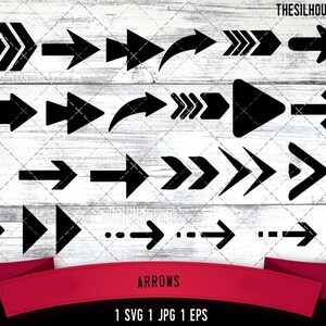 Peut inclure: Un ensemble de 20 flèches noires sur un fond en bois blanc. Les flèches sont de styles et de tailles variés. Le texte "ARROWS" est en bas de l'image. Le texte "1 SVG 1 JPG 1 EPS" est sous le mot "ARROWS".