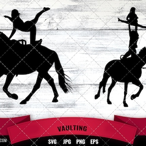 Op de afbeelding: Twee zwarte silhouetten van mensen die een voltige-oefening op een paard uitvoeren. De eerste silhouette toont een persoon die een handstand op het paard maakt. De tweede silhouette toont twee mensen die een piramide op het paard vormen.